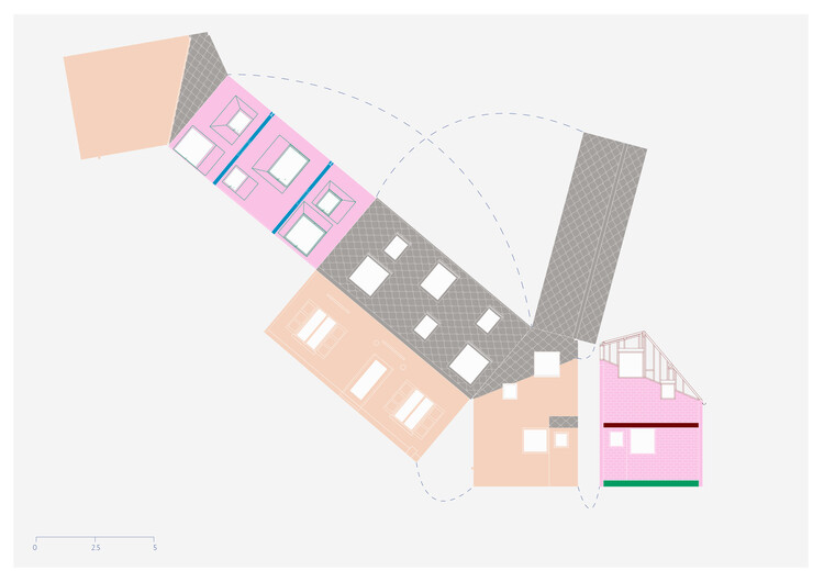 Site plan drawing showing pink and peach rectilinear volumes with grey hatched courtyard and circulation paths