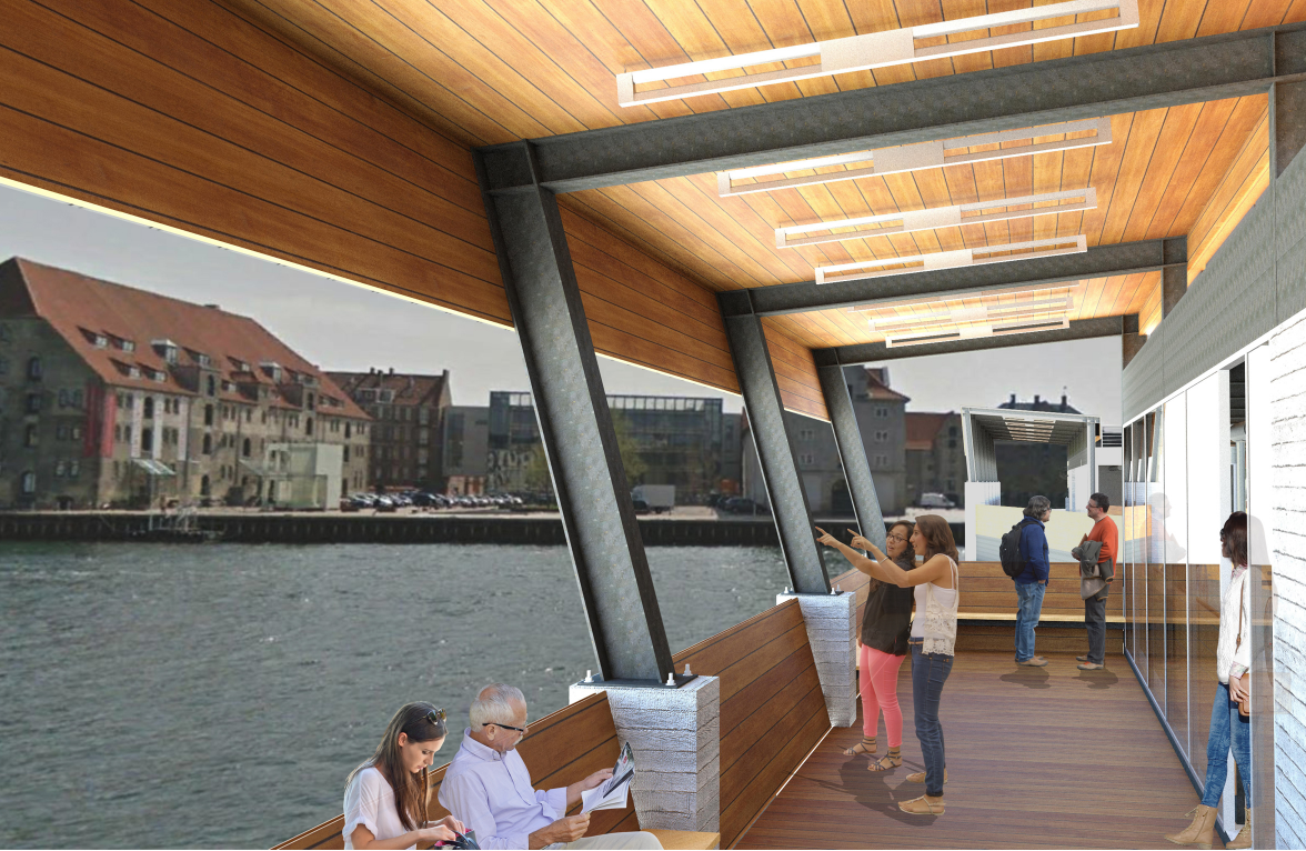 Riverside gathering deck overlooking Copenhagen’s waterfront.