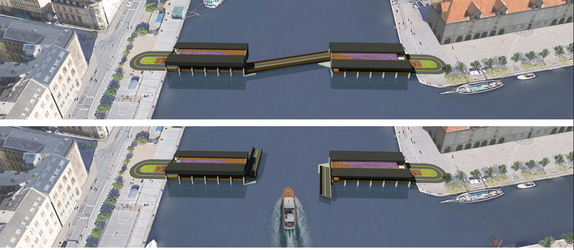 Operable bridge span allowing river traffic to pass below.