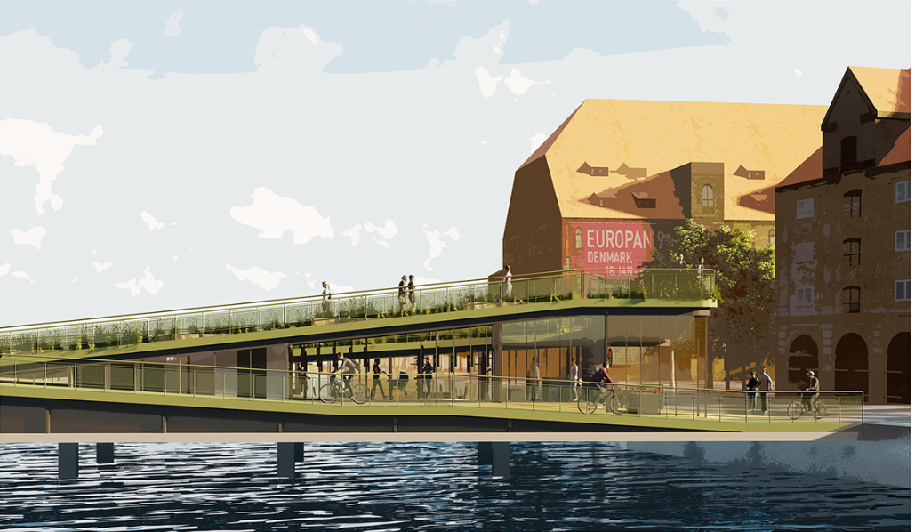 Side elevation illustrating separated cycling and pedestrian paths with planted roof terraces.