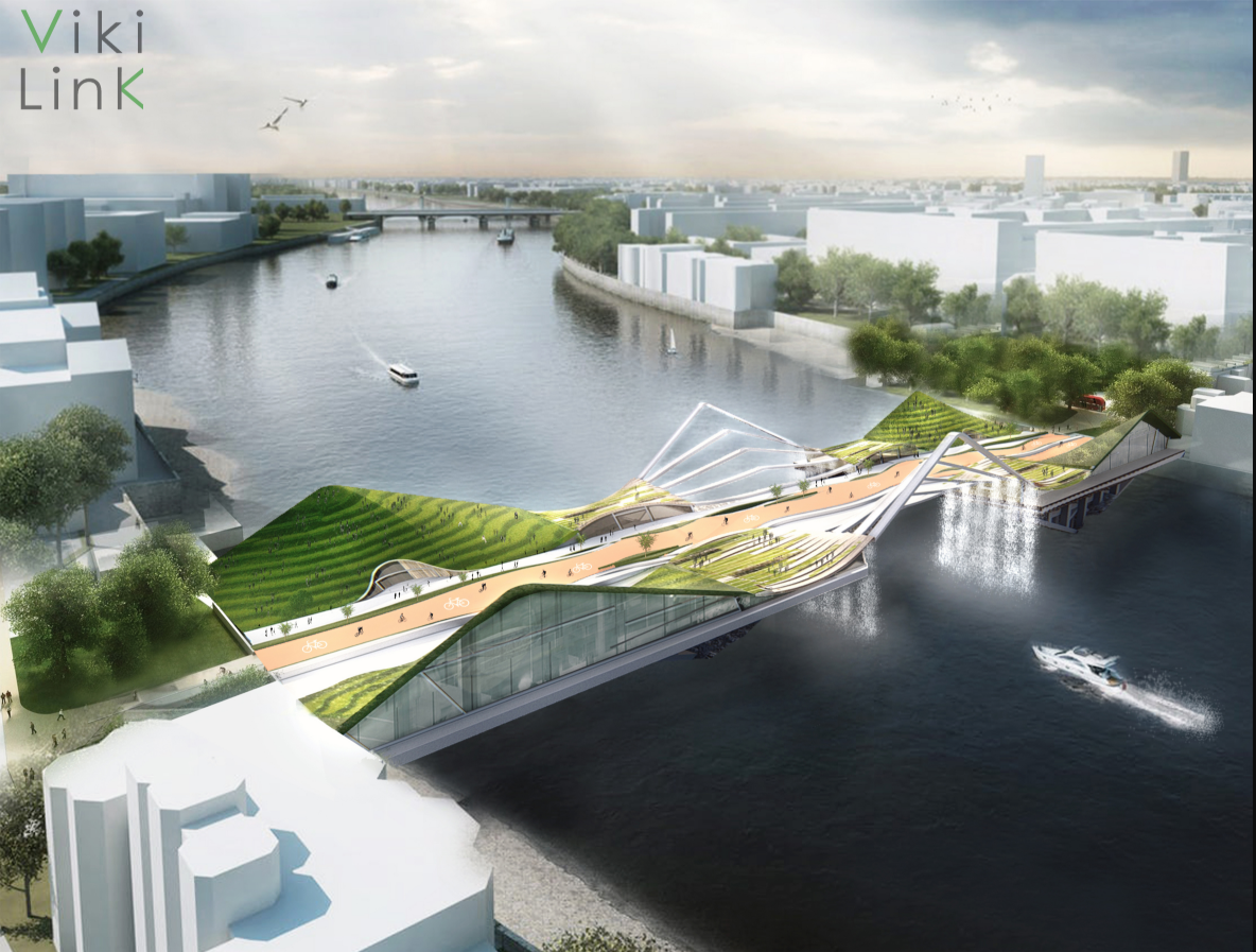 Aerial view of Viki Link showcasing sustainable urban bridge architecture over Copenhagen’s waterfront.