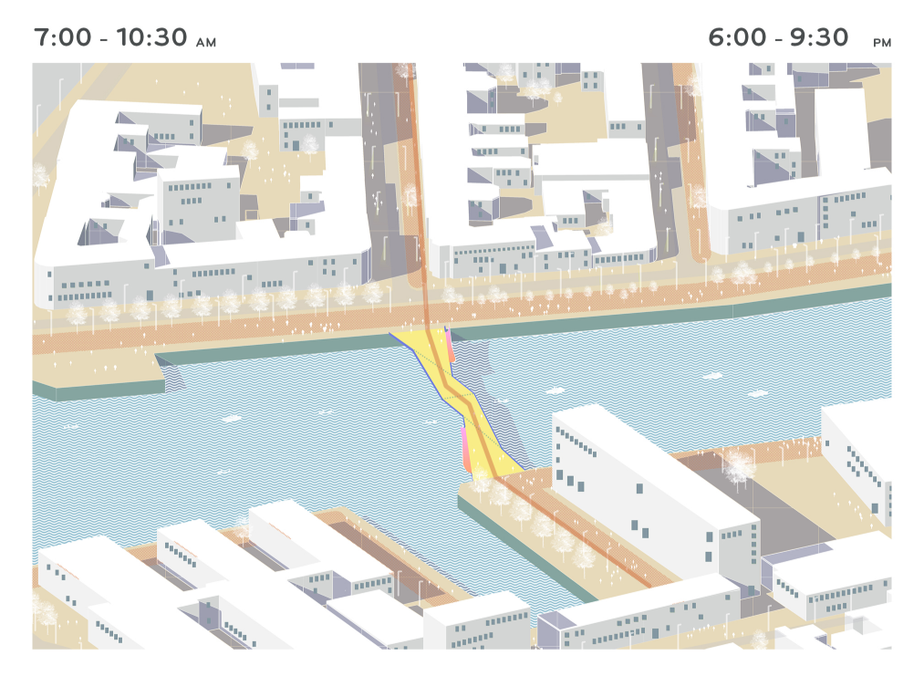 Morning configuration (7:00–10:30 AM) with continuous connection for peak pedestrian and bicycle flow.