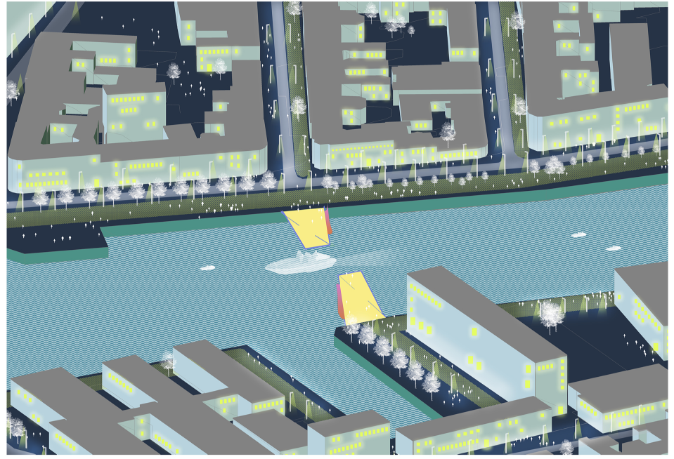 Nighttime opening sequence allowing uninterrupted river transport passage.