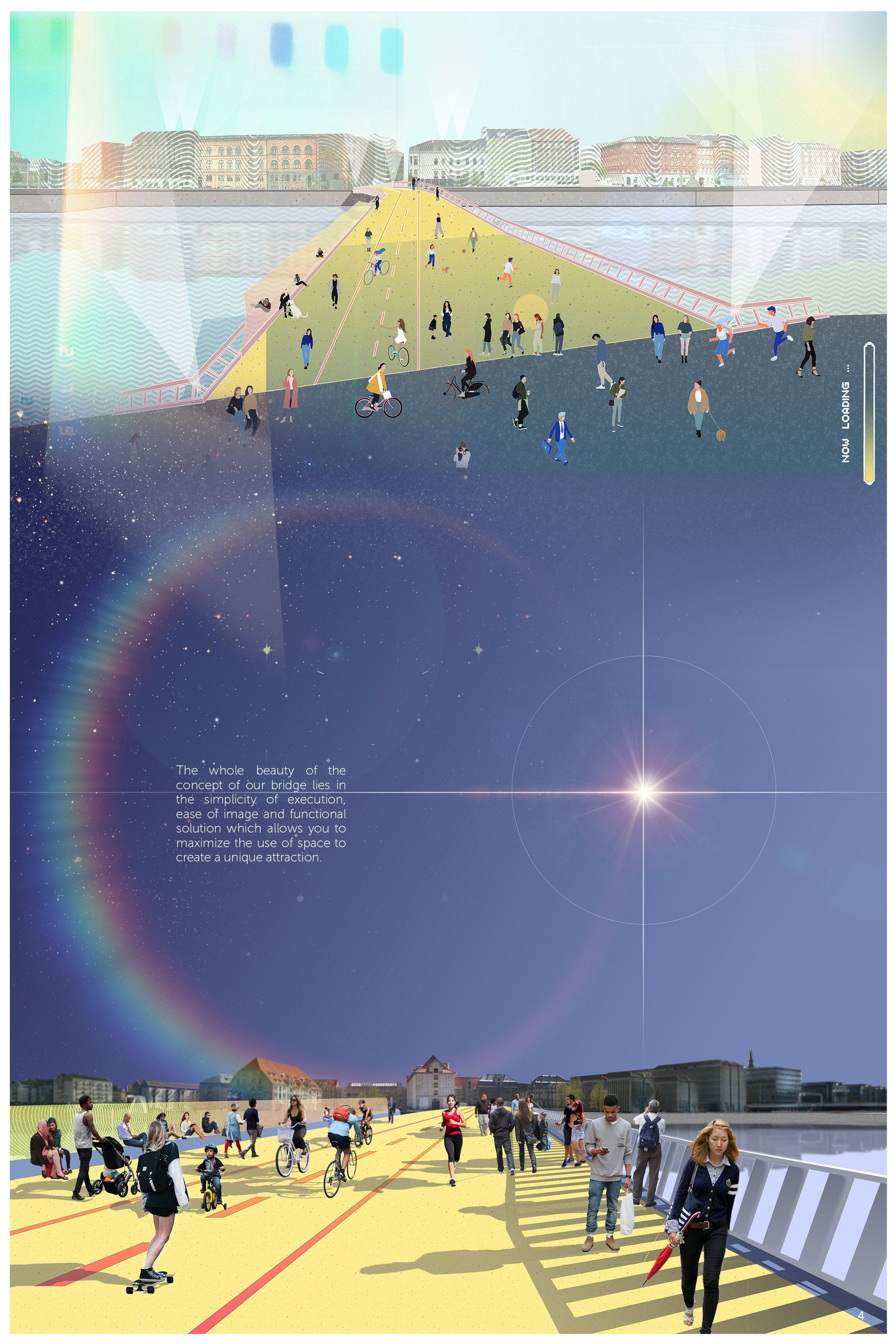 Perspective view of the activated bridge deck as a vibrant public space and urban landmark.