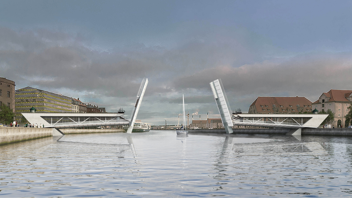 Bascule bridge opening to allow river navigation while maintaining a clean single-span structure.