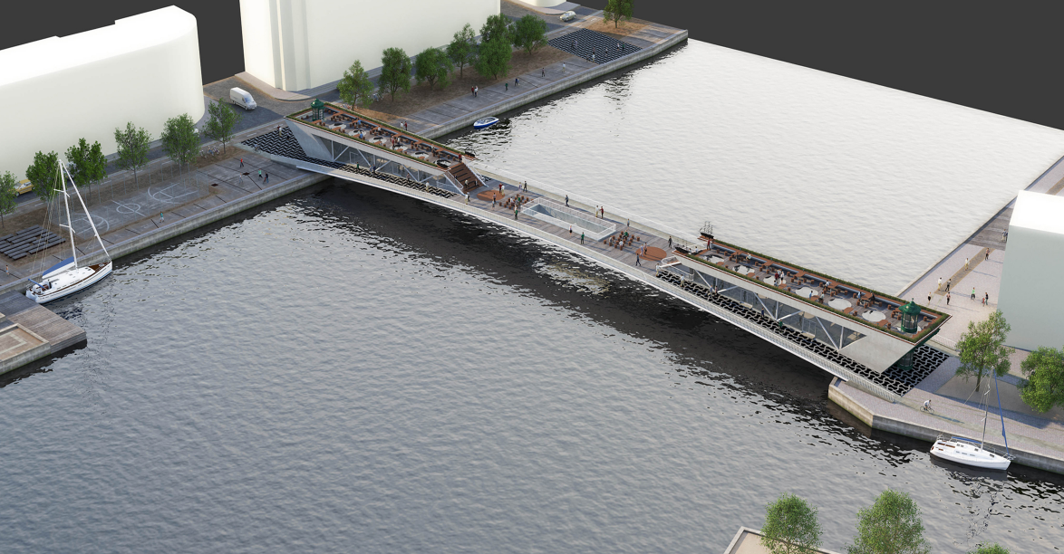 Aerial view showcasing the bridge as a hybrid public space and cycling corridor.