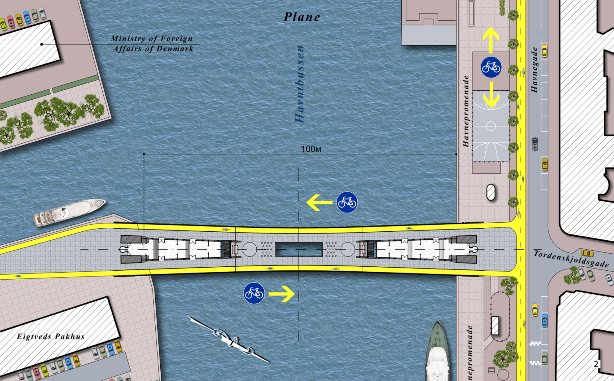 Plan drawing highlighting dedicated cycling lanes and functional public zones.