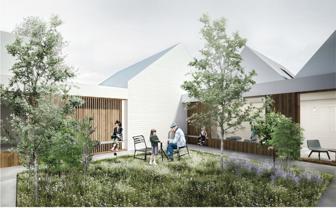 Central courtyard garden fostering intergenerational interaction and quiet reflection.