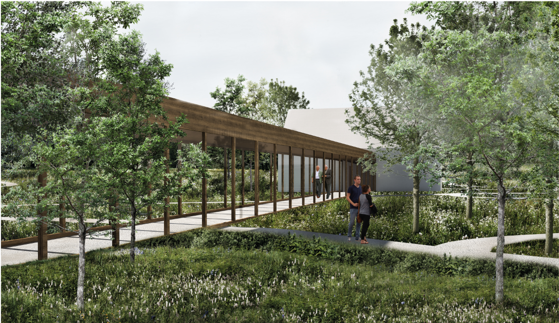 Timber-covered walkway connecting care facilities through therapeutic green spaces.