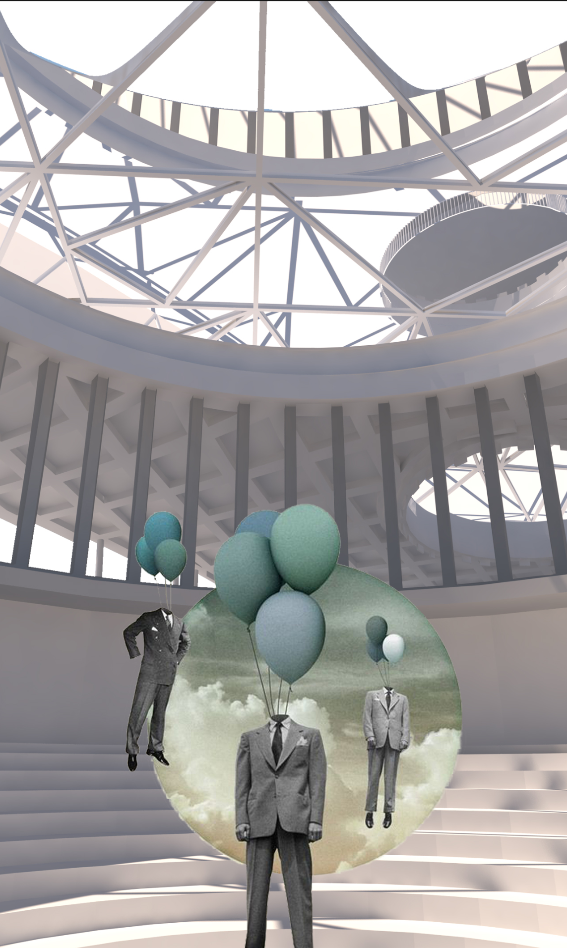 Central atrium beneath a parametric steel lattice dome.