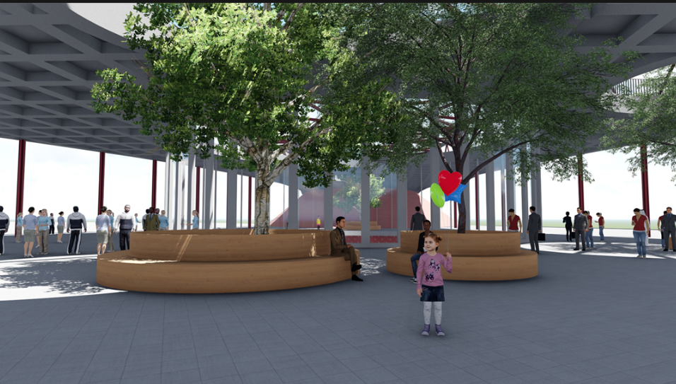 Interactive public plaza blending landscape and community space.