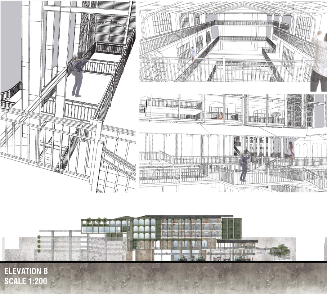 Interior circulation bridges connect learning spaces across multiple levels within the adaptive reuse framework.