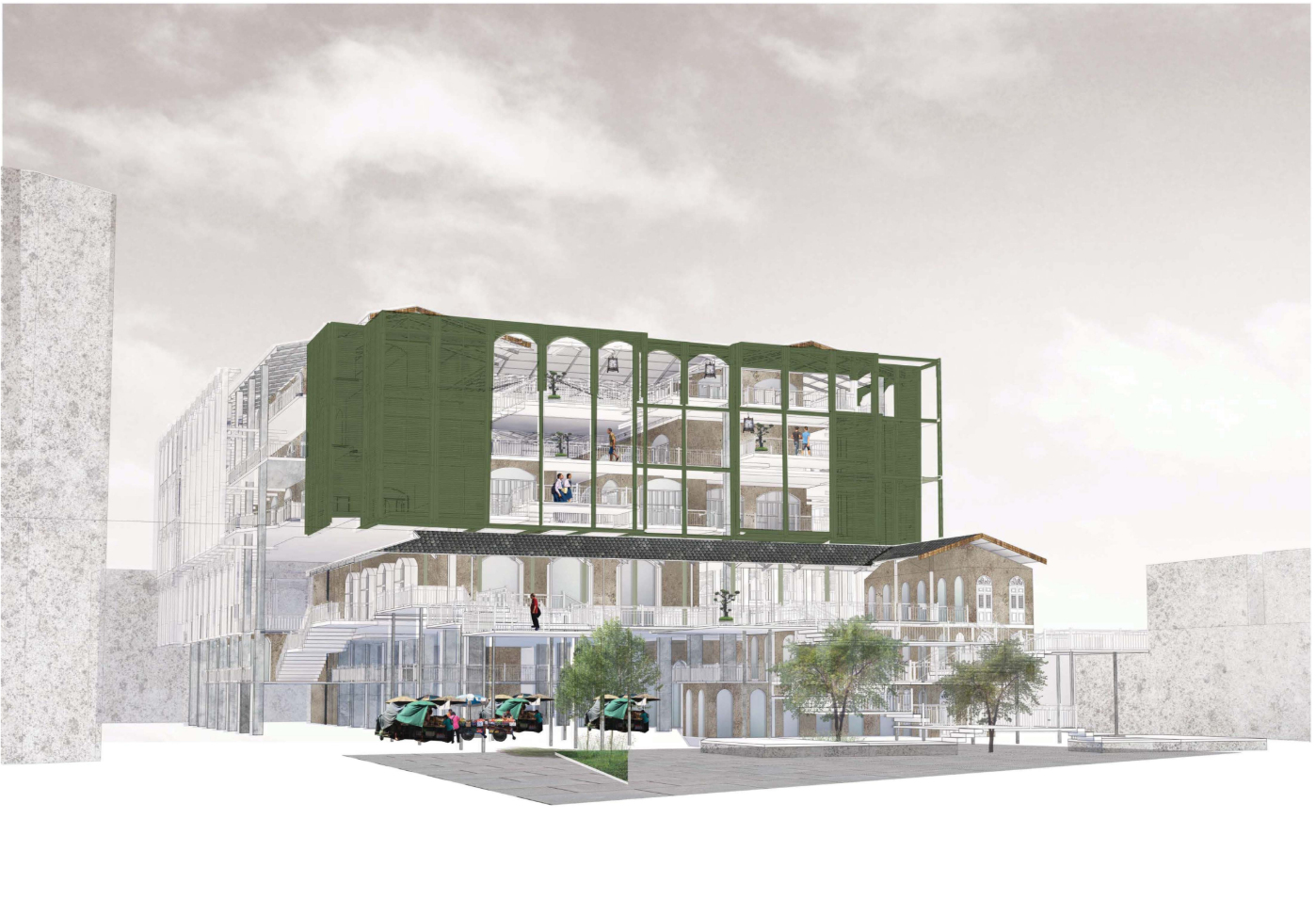 Perspective view showing the integration of preserved heritage façade with contemporary green screen structure.