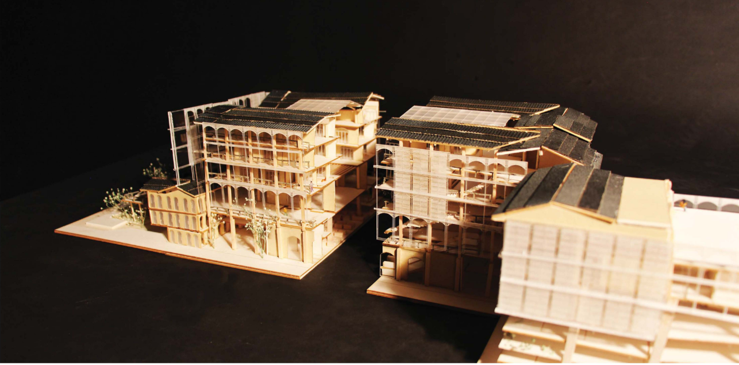Sectional model revealing spatial relationships between historic base, new learning volumes, and open terraces.