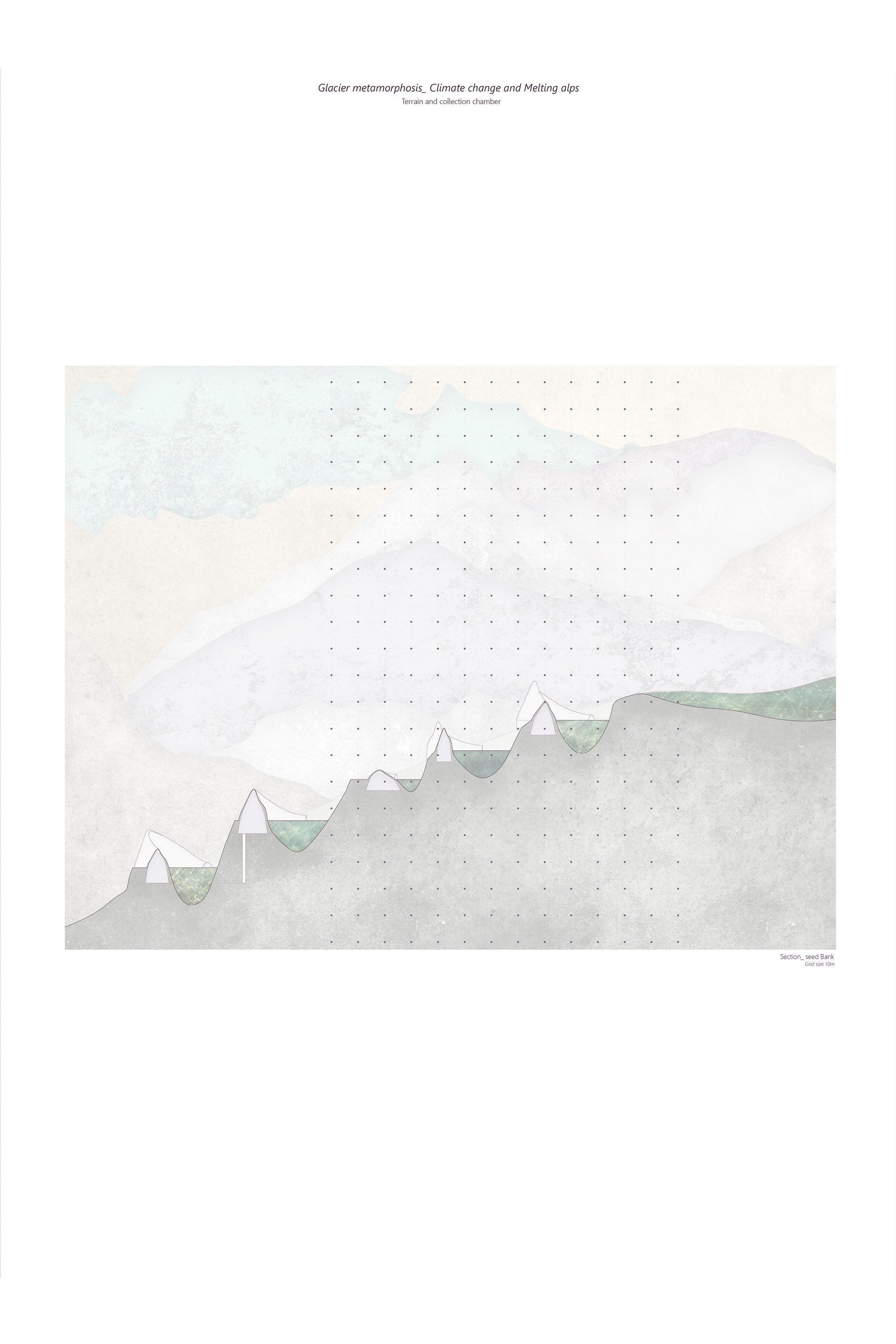 Sectional diagram integrating water collection chambers within the Alpine terrain to manage glacial runoff.