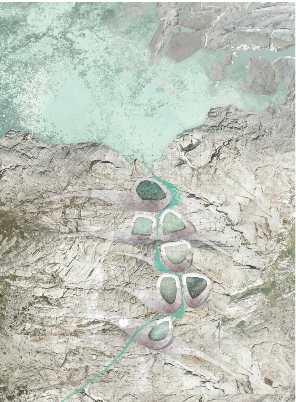  Masterplan strategy connecting adaptive seed bank pods through hydrological flow networks.