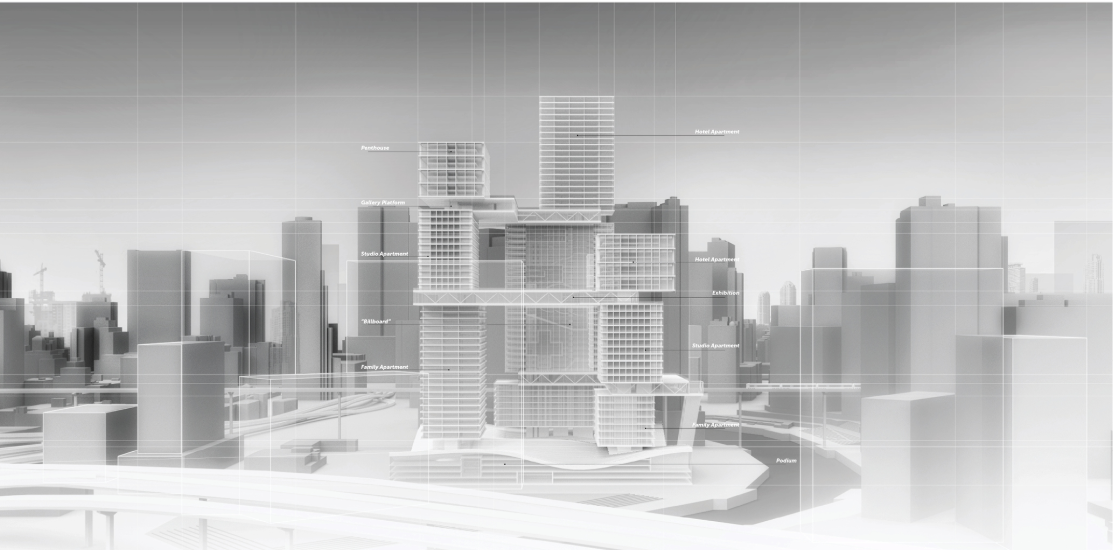 Daylight visualization revealing the three towers and elevated cultural loop within the Miami River urban skyline.