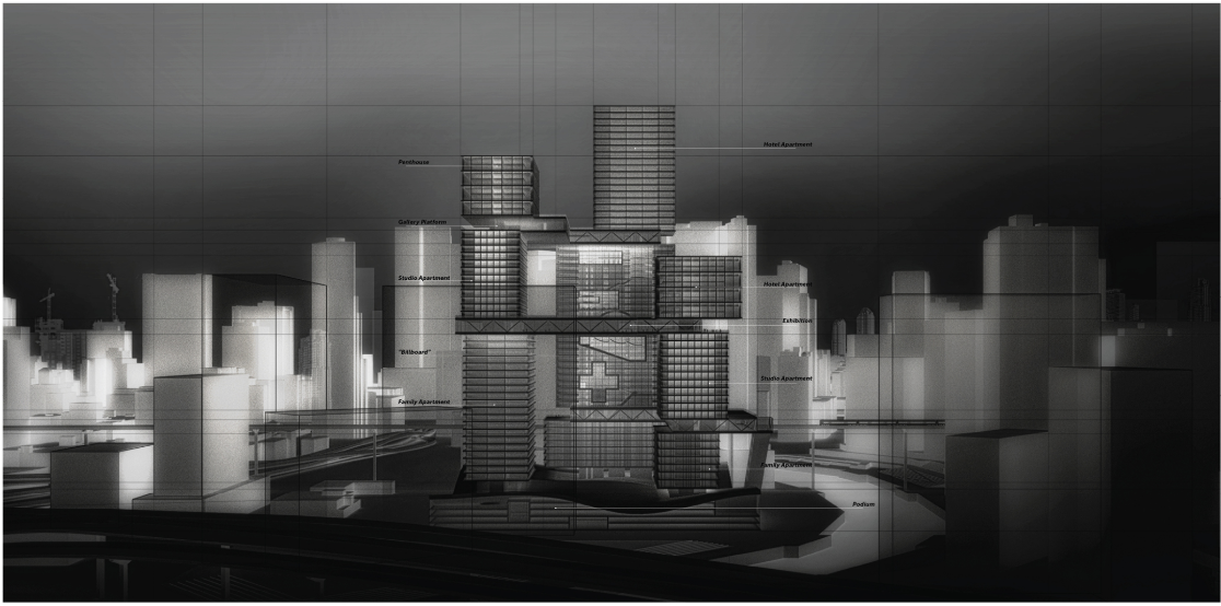 Night rendering showing the illuminated loop acting as an urban billboard and cultural destination in the city.