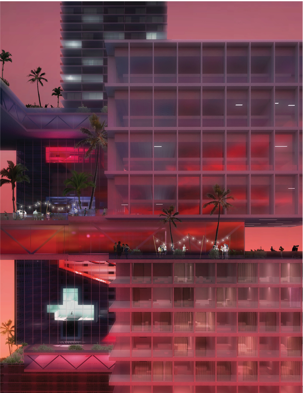 Elevated cultural platforms activating the skyline with social spaces, terraces, and public programs.