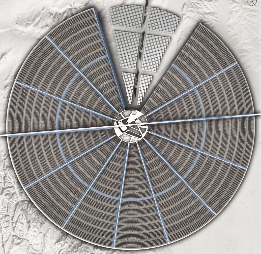 Radial masterplan diagram illustrating sector-based growth, transport lines, and centralized city hub.