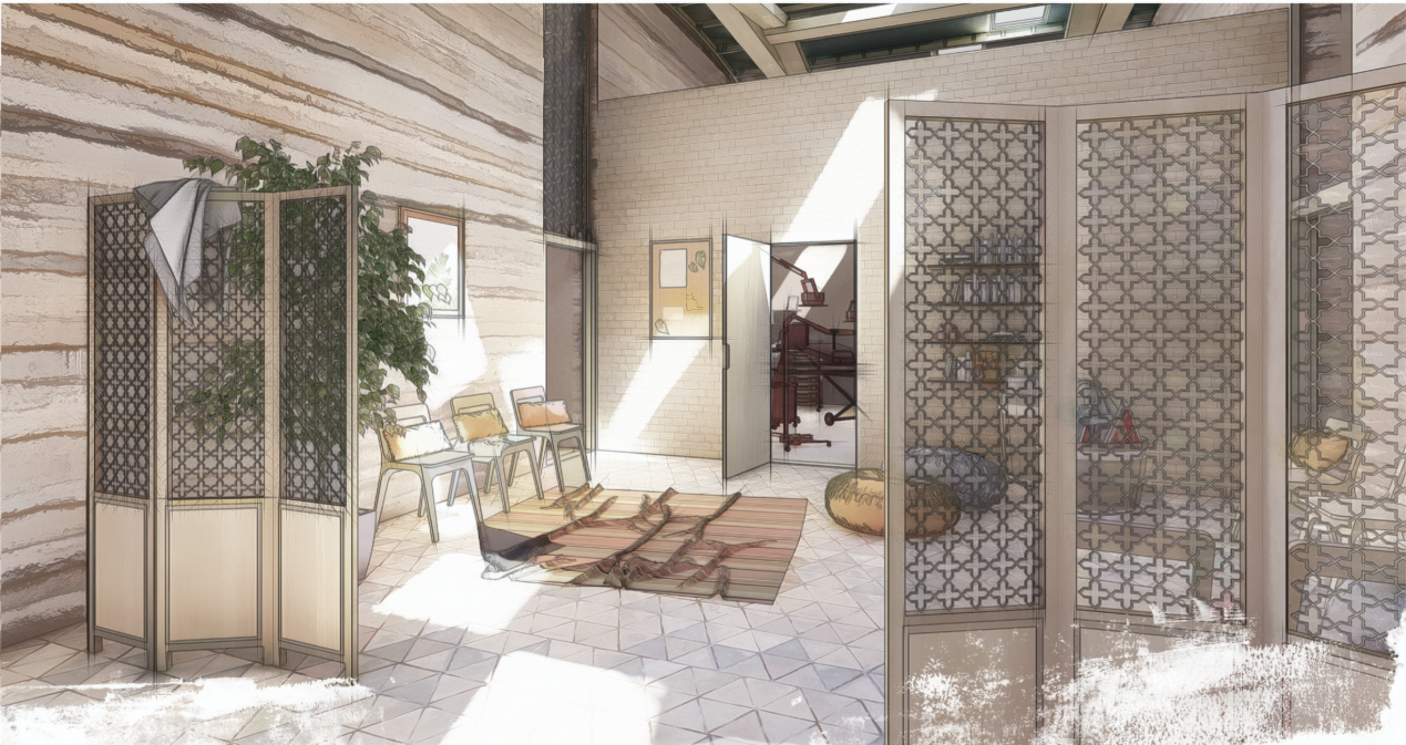 Warm, climate-responsive interior space integrating local materials and modular partition systems.