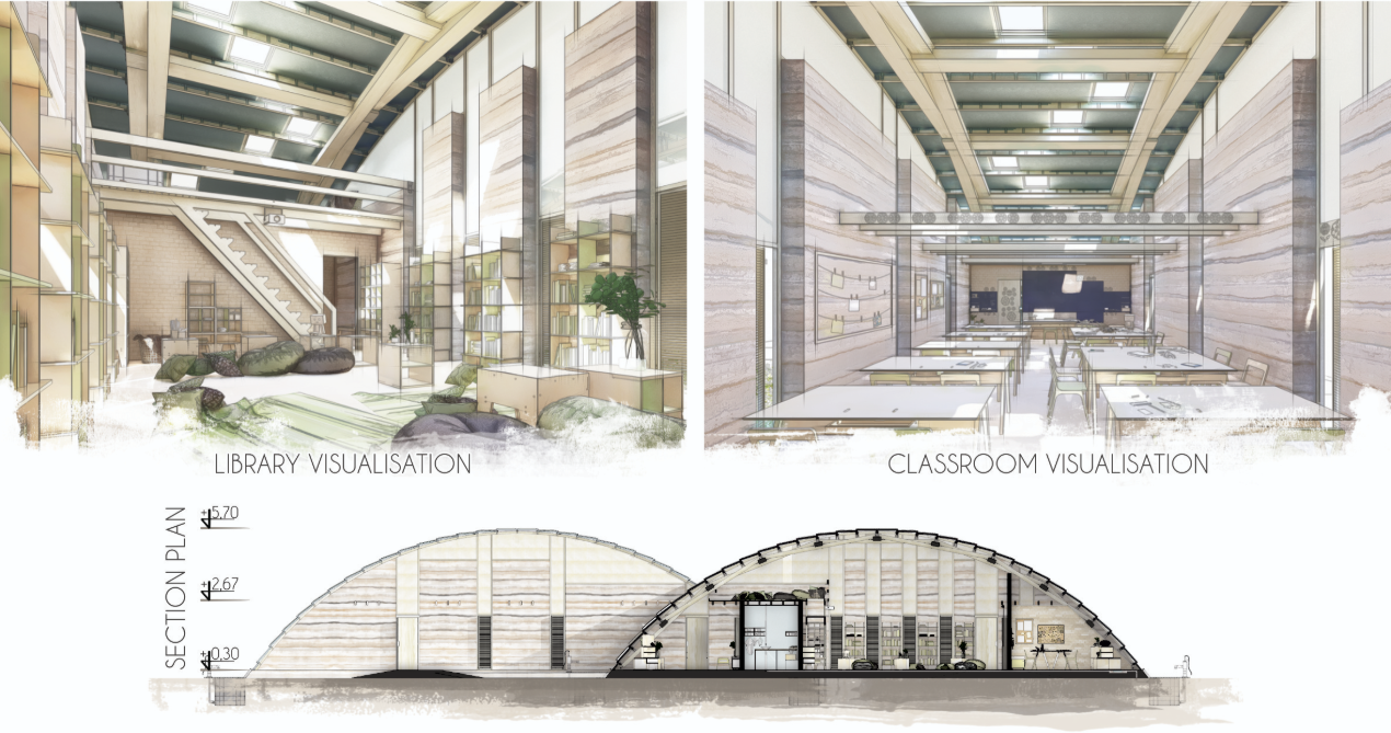 Library and classroom visualisations within the modular timber structure, showing adaptable educational environments.