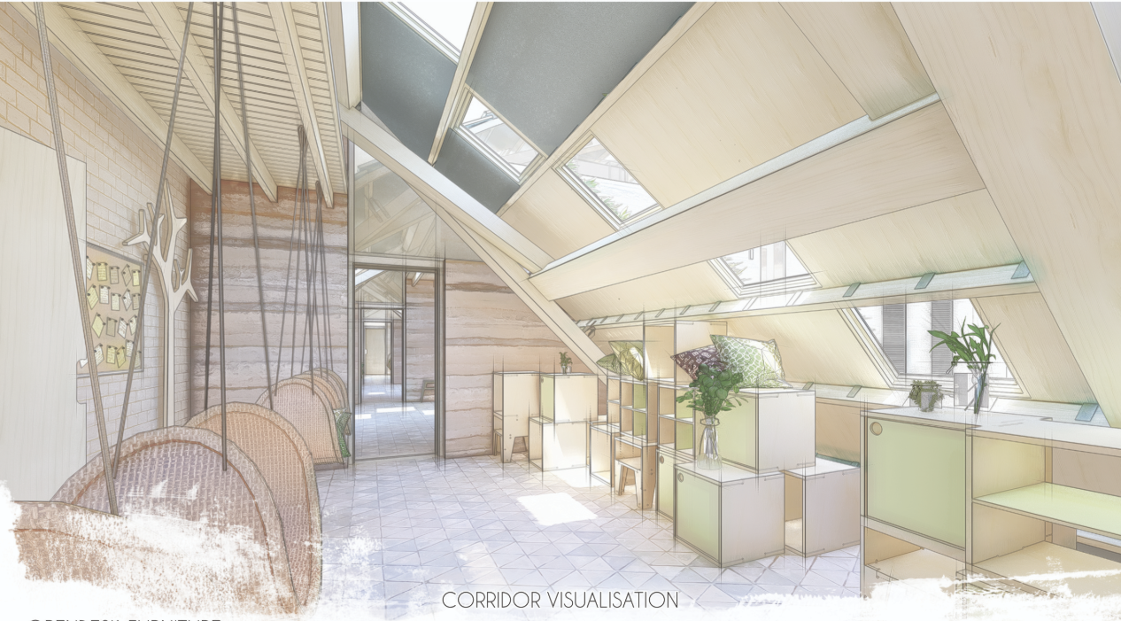 Corridor visualisation highlighting skylights, cross-ventilation, and flexible storage systems.