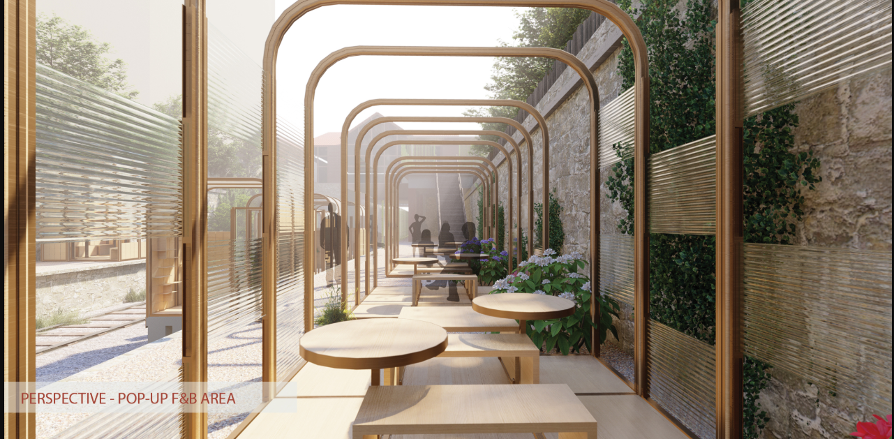 Pop-up F&B corridor framed by curved timber modules and translucent panels along the rail track.