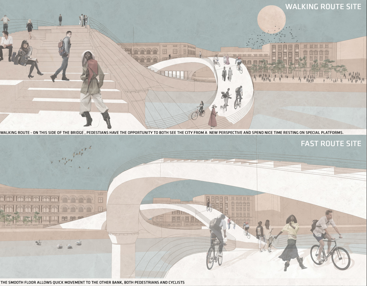 Stepped promenade offering panoramic city views and social spaces for pedestrians.