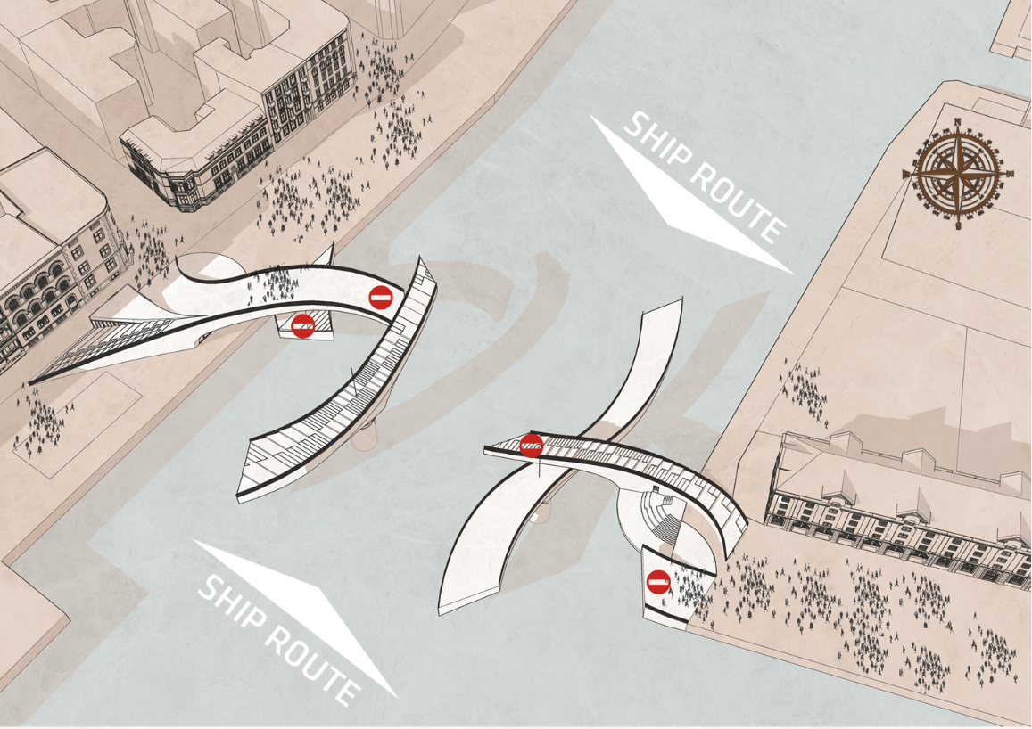 Rotating central segment allowing ship passage while maintaining urban connectivity.