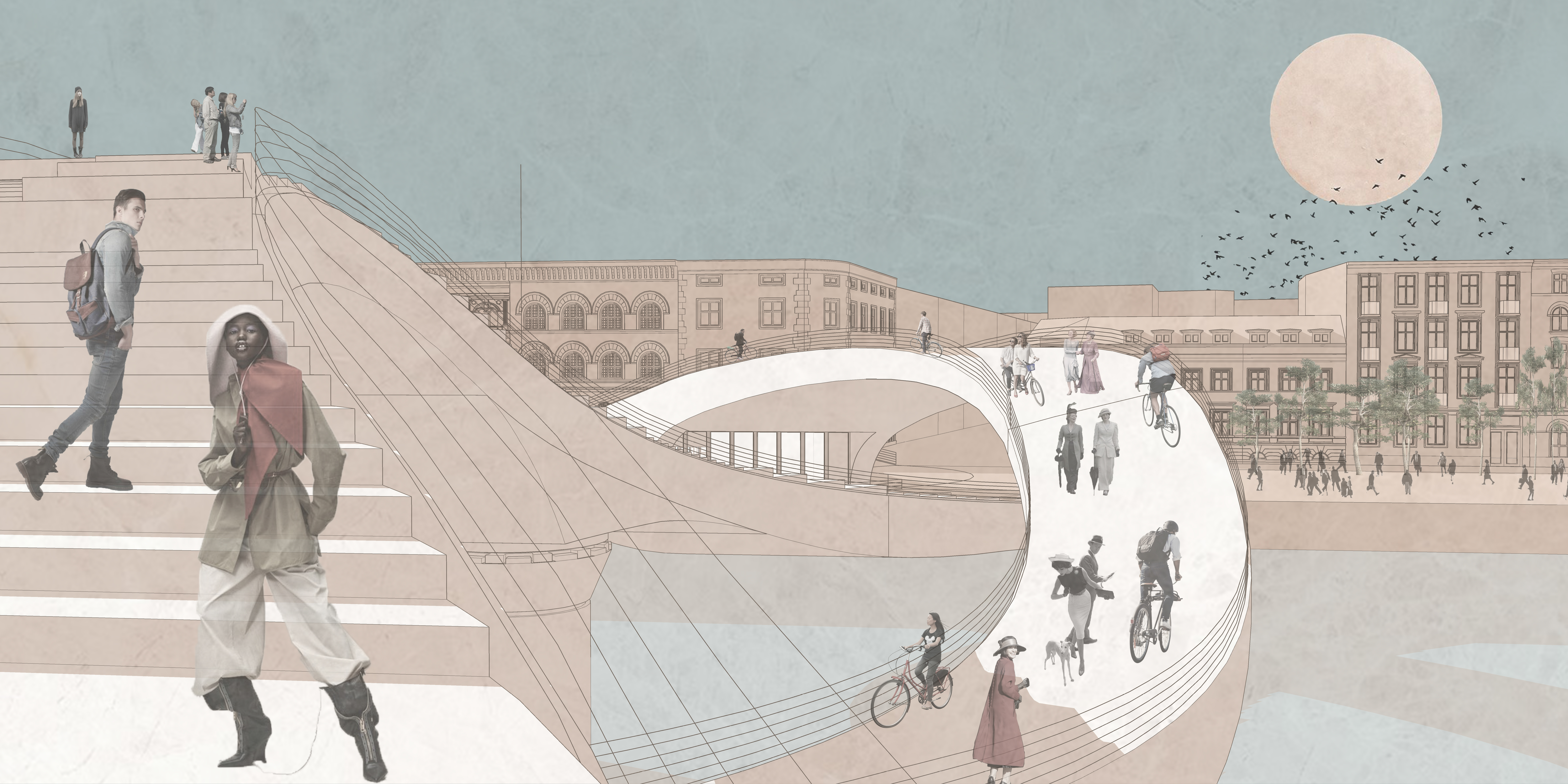 A flowing, wave-like structure merging movement, rest, and city observation.