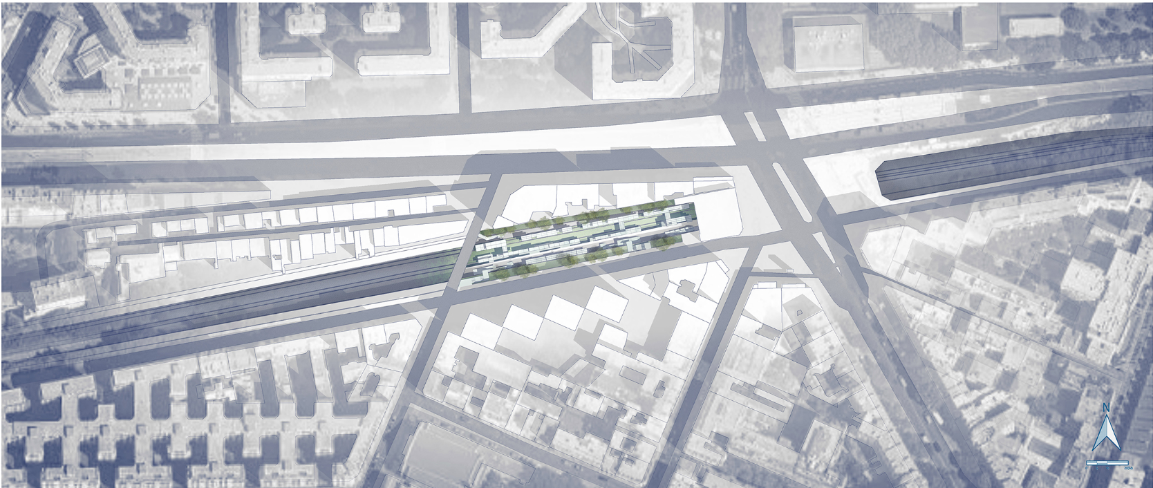 Urban railway corridor reimagined as a linear green regeneration spine.