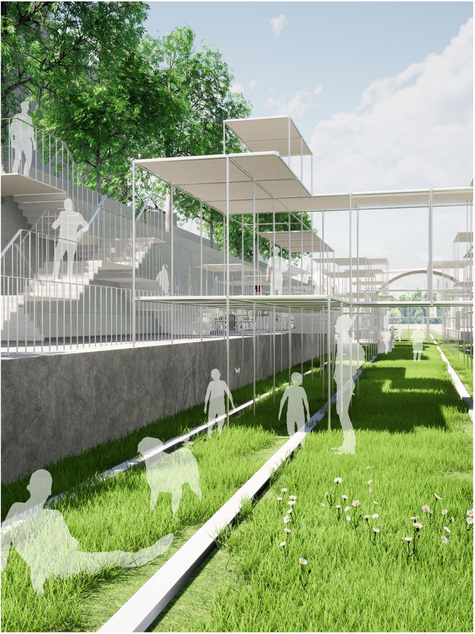Ecological experience zone integrates greenery within the former rail tracks.