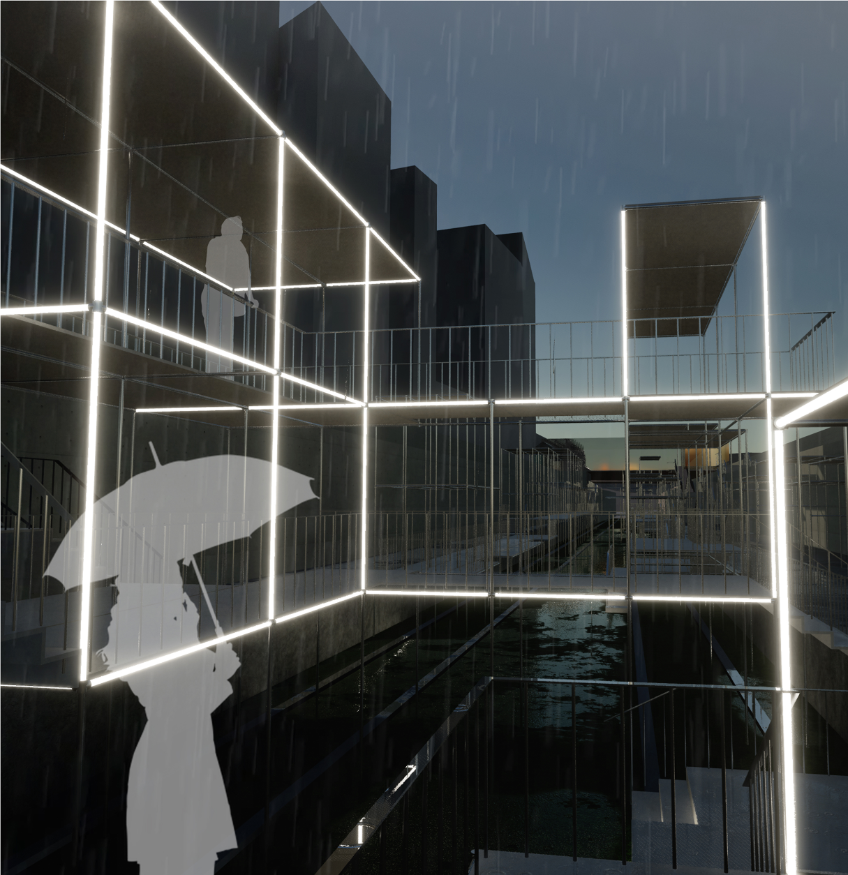 Illuminated modular frames transform the space into a vibrant night landmark.