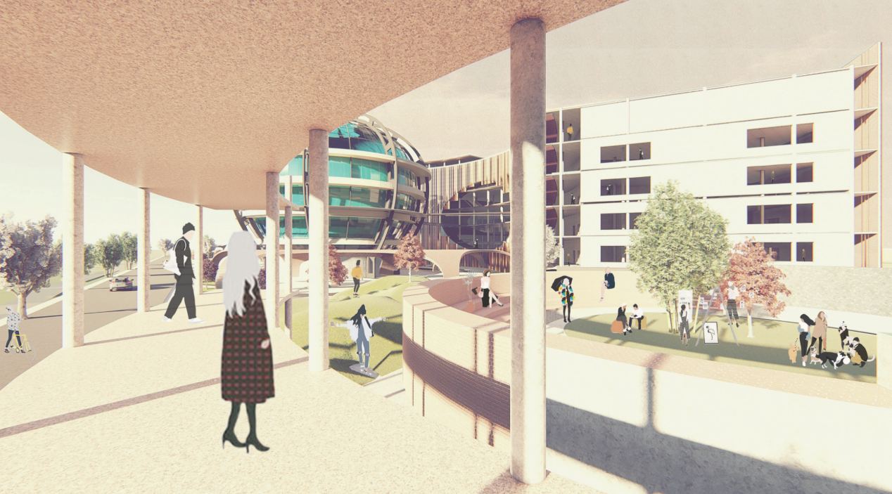 Public courtyard activating the Knowledge Sharing Hub, where community, learning, and architecture converge around the central globe.