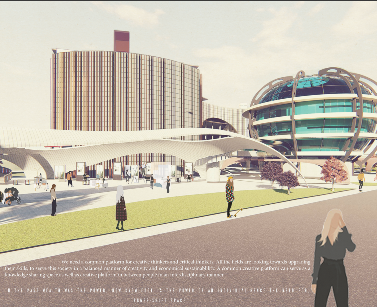 Iconic globe structure and kinetic façade defining a sustainable architecture landmark for knowledge exchange.