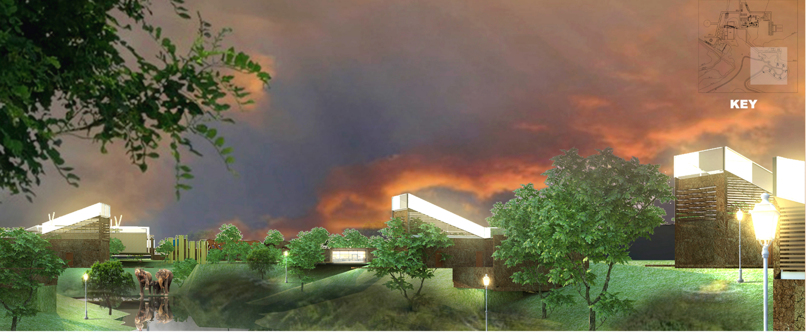 Eco-sensitive resort units integrated within landscape, enabling safe human-elephant visual coexistence.