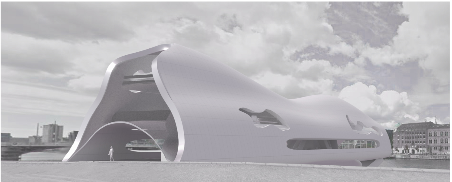 Sculptural waterfront elevation defining The Urban Link as a contemporary architectural landmark.