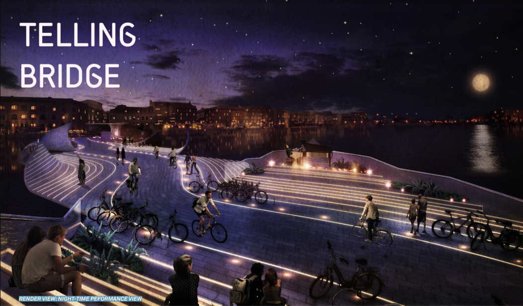 Illuminated pathways transform the bridge into a glowing cultural stage over Copenhagen’s harbor.