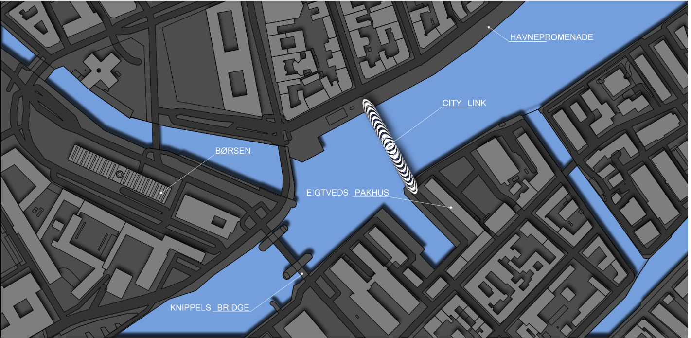 Site plan showing City Link’s strategic connection between Copenhagen’s riverbanks and key urban landmarks.