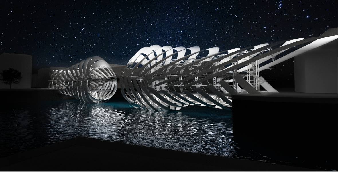 Night view of the kinetic bridge opening, creating a dramatic morphing architectural spectacle.