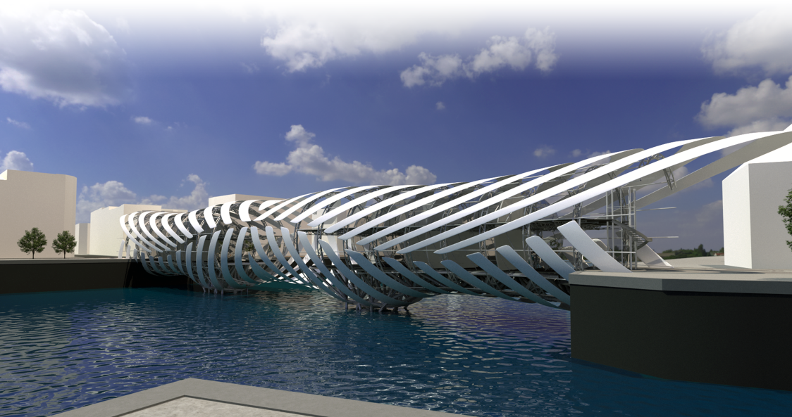 Daytime perspective emphasizing the flowing structural rhythm and layered public spaces.