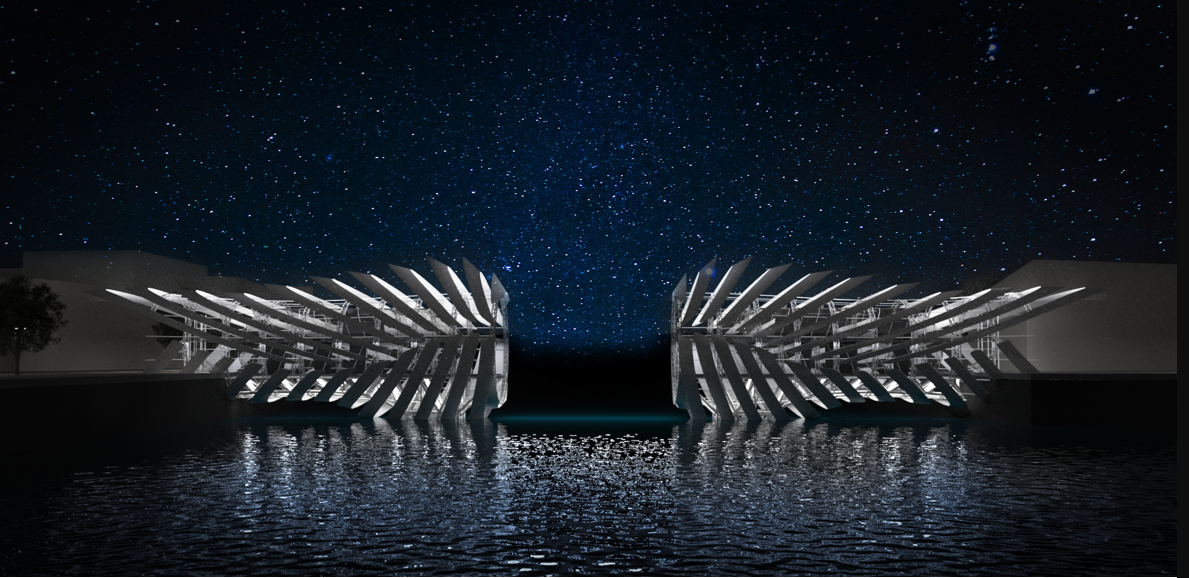 Bridge fully opened, revealing its symmetrical transformation and maritime clearance.