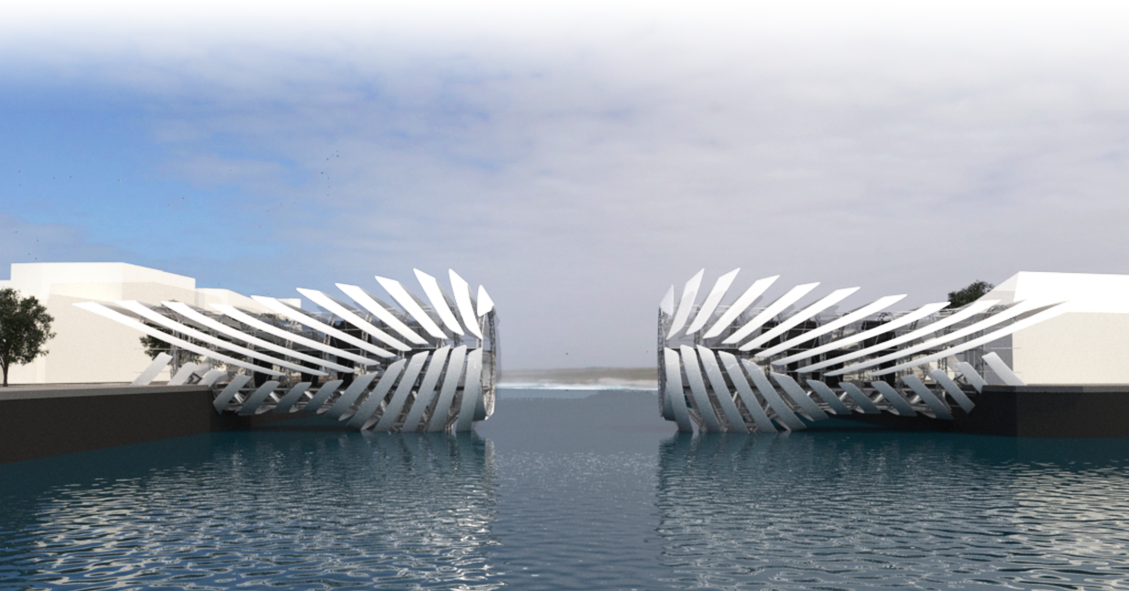 Open configuration during daylight, expressing movement, lightness, and dynamic urban design.