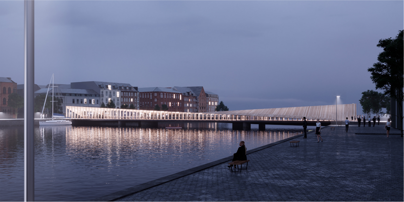 Evening view of The Nordic Link glowing across Copenhagen harbor, blending infrastructure with public space.