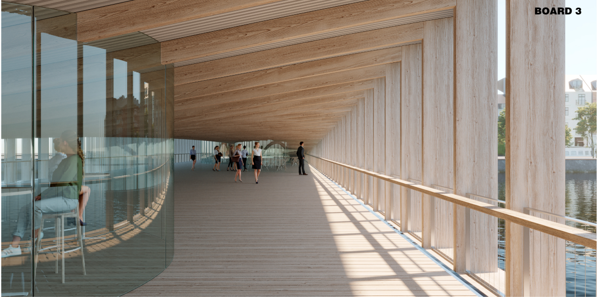 Timber-lined pedestrian corridor beneath the bridge, creating a warm and sheltered urban experience.