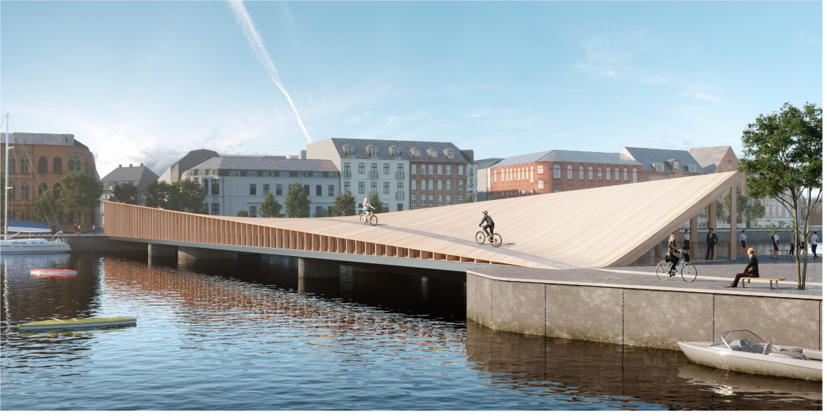 The elevated cycling path sweeping upward, forming a dynamic “bridge over a bridge.”