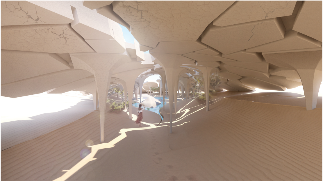 Beneath the fractured canopy, filtered light and slender columns guide visitors toward cooling water pools.