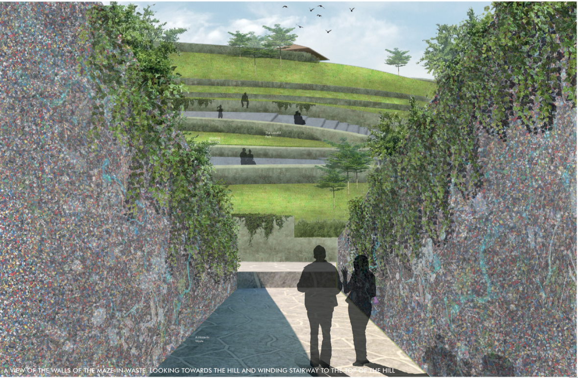 Maze in Waste corridor framed by recycled walls, leading toward the terraced hilltop landscape.