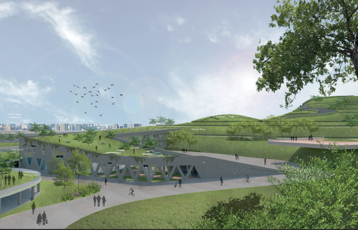 Aerial view of the regenerated landscape showcasing the hillside plaza and interpretation center.